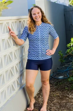 Chevron Blue Short Sleeve Suntop