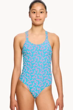 Girls Wavy Blue Cross Back One Piece