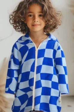 Kids Tidal Checker Hooded Towelling Robe 7-11Y