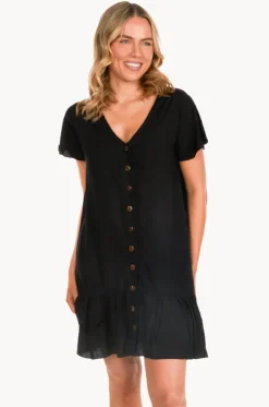 Plain Cap Sleeve Button Dress