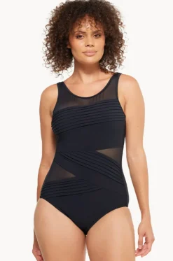 Plain Mesh Pleated High Neck One Piece